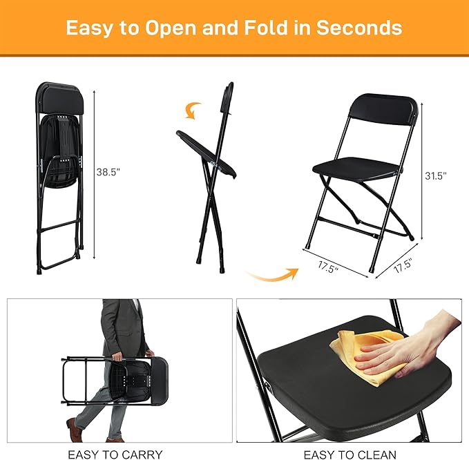 100 Pack Black Plastic Folding Chairs, Portable Party Chairs, Stackable Commercial Seats with Steel Frame for Home Office Wedding Party Indoor Outdoor Events Chairs, 350lbs Capacity