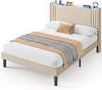 Gizoon Queen Bed Frame with Charging Station and LED Lights,Upholstered Wingback Platform Bed with Wooden Slats,Noise-Free,No Box Spring Needed