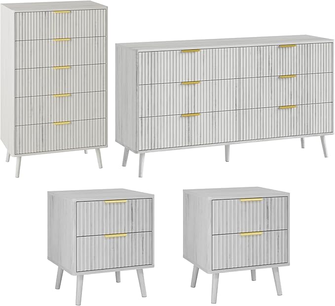 LYNSOM Fluted Dresser and Nightstand Sets 4 Piece, 2-Drawer Nightstands and 5/6 Drawers Dresser, Wood Bedroom Furniture Set for Home, Bedroom, Hallway, White
