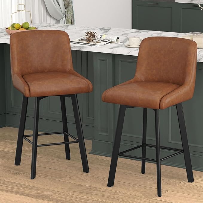 Swivel Bar Stools Set of 2, 26''H Upholstered Barstools with Backs, Modern Counter Height Bar Stool Chairs for Kitchen Island, Metal Legs, Faux Leather, Brown Counter Stools