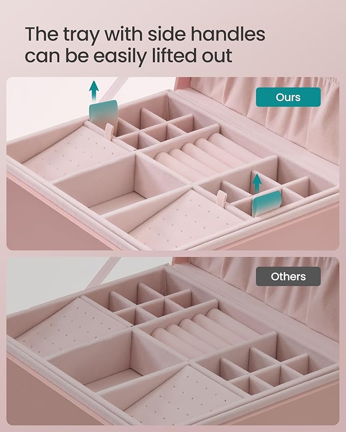 SONGMICS 2-Layer Jewelry Box, Jewelry Organizer with Handle, Removable Jewelry Tray, Jewelry Storage, Floating Effect, 8.1 x 9.4 x 4.3 Inches, Christmas Gift, Jelly Pink UJBC165R01