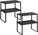 SONGMICS Cabinet Organizer Shelf, Set of 4 Kitchen Counter Shelves, Kitchen Storage, Spice Rack, Stackable, Expandable, Metal and Engineered Wood, Ink Black and Ebony Black UKCS027B01