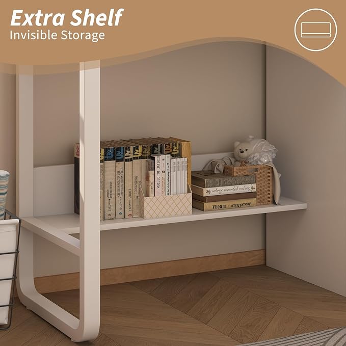 White Desk with 3 Drawers, 47 Inch Computer Desk with Drawers for Bedroom, Small Home Office Desk with File Cabinet, Bottom Shelves for Small Spaces
