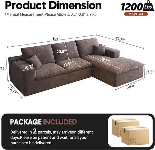 107'' L-Shaped Modern Modular Sectional Cloud Couch, 4-Seat Chenille Deep-Seat Sofa with Pillow for Living Room, Bedroom, Apartment, Camel