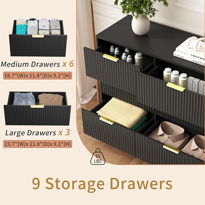 9 Drawer Dresser for Bedroom with Deep Drawers, 63" Wide Wood Dresser, Large Floor Chest of Drawers, Modern Long TV Stand, Storage Cabinet Side Table, Black
