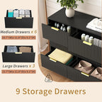 9 Drawer Dresser for Bedroom with Deep Drawers, 63" Wide Wood Dresser, Large Floor Chest of Drawers, Modern Long TV Stand, Storage Cabinet Side Table, Black
