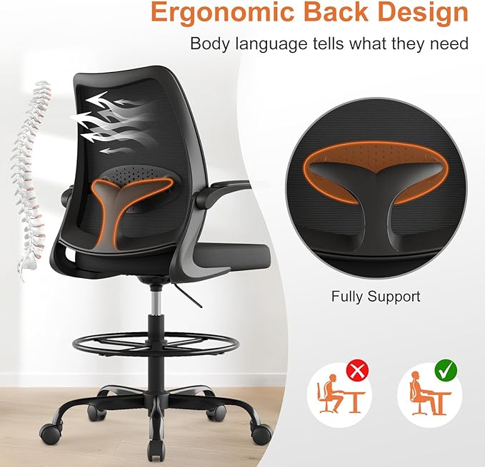 Tall Office Chair for Standing Desks,High Desk Drafting Chair with Adjustable Footrest Ring,Ergonomic Lumbar Support,Flip-Up Armrests for Home Office,Black