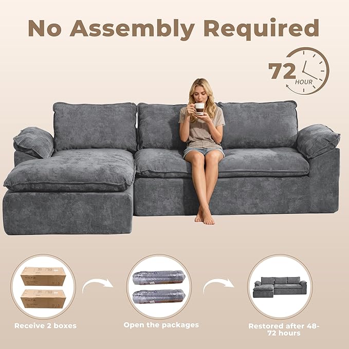 Modular Sectional Sofa, 107.5" L-Shaped Boneless Couch with Deep Seat, Modern Minimalist Upholstered Cloud Sectional Couch for Living Room Bedroom, No Assembly Required, Dark Gray Chenille