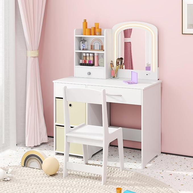 GLACER Kids Vanity Table and Chair Set, Princess Makeup Vanity Desk with 5 Drawers, Open Shelves, Mirror, 2-Color LED Lights, Wooden Toddler Vanity, Pretend Play Vanity Set for Little Girls (White)