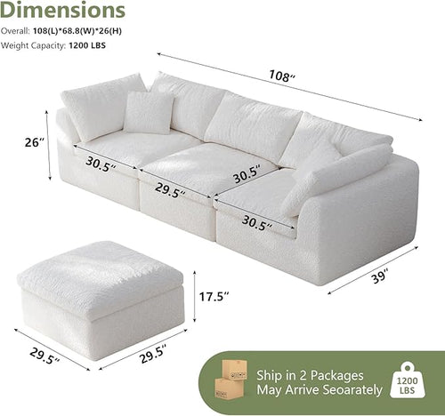 108" Boneless Cloud Couch Modular Sectional Sofa with Deep Seat for Living Room, L Shape Couch with Ottoman, Snowflake Cloth and 40D Memory Sponge，2 Throw Pillows (White, 3 Seater+1 Ottoman)