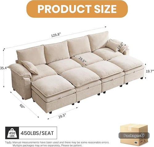 130" U Shaped Modular Sectional Sofa, Couch with Ottoman Storage, Chenille Cloud Couch with Plush Deep Seating for Living Room, Bedroom (8 Seat, Beige)