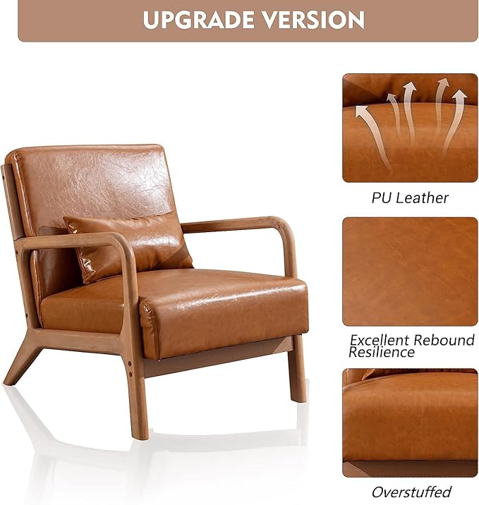 ANJHOME Mid Century Modern Accent Chair, PU Leather Reading Chair with Solid Wood Frame, Easy Assembly Armchair for Living Room