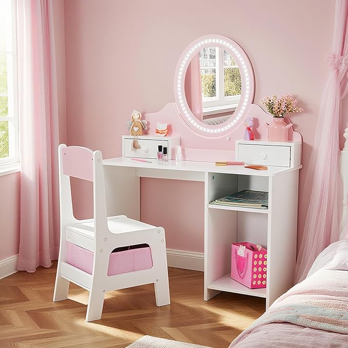 JOYLDIAS Kids Vanity with Lights, Pink Girls Makeup Vanity with 2 Drawer, Storage Cabinet & Shelves, 2 in 1 Toddler Vanity Table and Chair Set, Dressing Table for Kids 3+