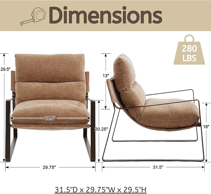 LukeAlon Modern Chenille Accent Armchair, Upholstered Lounge Chair with Brass Metal Frame Thickened Cushion Single Sofa Chair Comfy Leisure Side Chair with Armrest for Bedroom Living Room, Khaki