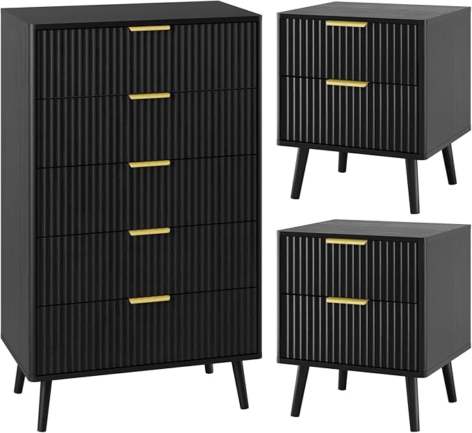 LYNSOM Fluted Dresser and Nightstand Sets 3 Piece, 5-Drawers Dresser and 2-Drawer Nightstands Set of 2, Wood Bedroom Furniture Set for Home, Bedroom, Hallway, Black