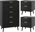 LYNSOM Fluted Dresser and Nightstand Sets 3 Piece, 5-Drawers Dresser and 2-Drawer Nightstands Set of 2, Wood Bedroom Furniture Set for Home, Bedroom, Hallway, Black