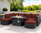 NICESOUL 9 Piece Extra Large Outdoor Patio Furniture Set with Firepit Table Natural Gas/Propane, 29.3'' High Back Gray Wicker Sectional Sofa, Deep Sitting Conversation,2 Color Cushion Burgundy & Gray