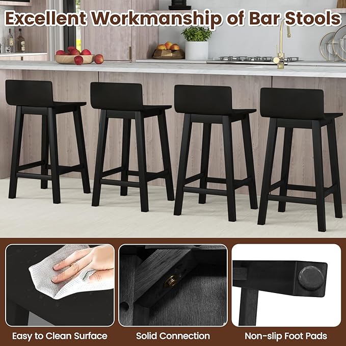 COSTWAY Solid Wood Bar Stools Set of 4, 24.5-inch Counter Height Chairs with Low Back and Footrest, Farmhouse Wooden Armless barstools for Kitchen Island, Dining Room, Cafe, Breakfast, Black
