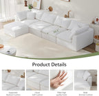 138" Boneless Cloud Couch Modular Sectional Sofa with Deep Seat for Living Room, L Shape Couch with Ottoman, Snowflake Cloth and 40D Memory Sponge，2 Throw Pillows (White, 4 Seater+1 Ottoman)