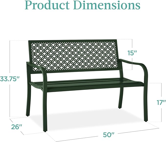 Best Choice Products Outdoor Bench 2-Person Metal Steel Benches Furniture for Garden, Patio, Porch, Entryway w/Geometric Backrest, 790lb Capacity - Dark Green
