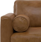 SIMPLIHOME Morrison Accent Chair - 43 inch Wide Upholstered Top Grain Genuine Leather Mid-Century Modern Arm Chair with Solid Wood Frame in Caramel Brown, for Living Room with 2 Bolster Pillows