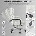 Big and Tall Office Chair, Executive Home Office Desk Chair, Leather Computer Chair with Retractable Footrest, Adjustable Headrest and Reclining Height, Padded Arms, 360°Swivel Free, Wide Seat, White
