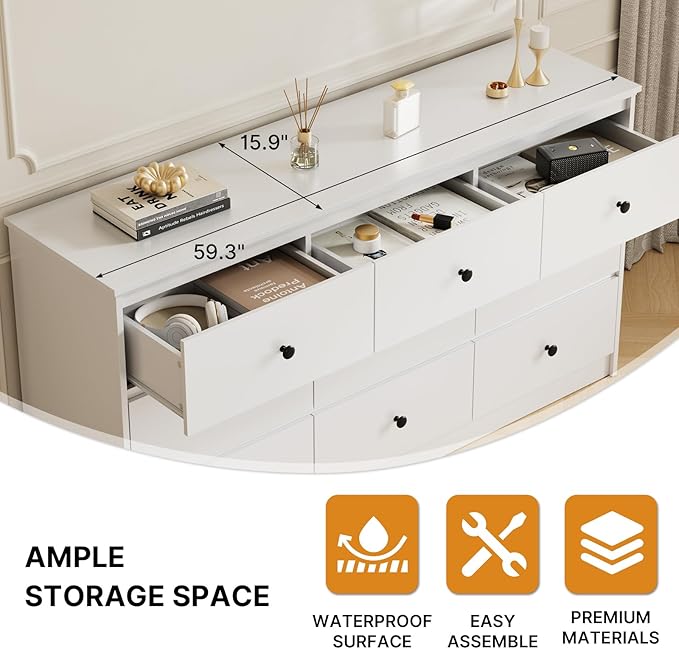9 Drawer Dresser for Bedroom, 59" Wide White Chest of Drawers, Wooden Dresser with 9 Drawers with Ample Storage, Modern Storage Organizer for Hallway,Nursery