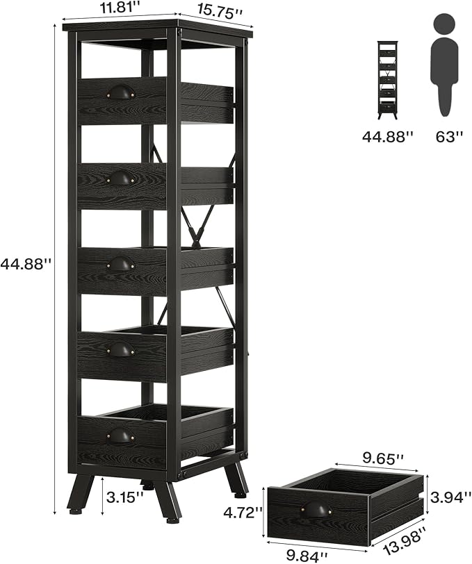 Tribesigns Black Wood Fruit and Vegetable Storage Rack Set of 2, 5-Tier Narrow Snack Stand Kitchen Stand Fruit Basket, Pull-Out Utility Organizer for Kitchen, Living Room