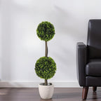 Christopher Knight Home Alene Set of 2 34''H Pre-Potted Artificial Tree Indoor, Artificial Topiary Boxwood Tree Double Ball with Pot, Faux Tree with Natural Wood Trunk with Black Plastic Pot, Green