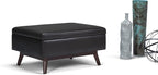SIMPLIHOME Owen 34 inch Wide Mid Century Modern Rectangle Coffee Table Storage Ottoman in Distressed Black Vegan Faux Leather, Assembled, for the Living Room, Entryway and Family Room