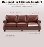 Kingfun Mid-Century Modern Couch, Faux Leather Sofa, 3 Seater Couch for Living Room with Rolled arms & Nailhead Trim, Dark Coffee
