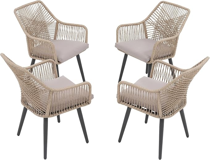 JOIVI Outdoor Dining Chairs Set of 4, 4 Pieces Woven Rope Patio Chairs with Armrest and Seat Cushions for Outside Porch, Balcony or Indoor Kitchen, Restaurant, Tan