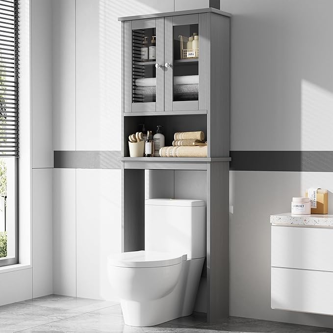 Meilocar Over The Toilet Storage Cabinet, Bathroom Storage Cabinet Over Toilet, Space Saver with 2 Tempered Glass Doors, Grey