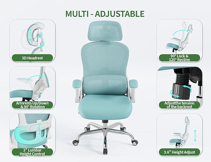 Office Chair - Ergonomic Office Chair with Back Support, Ergonomic Computer Chair - Home Office Desk Chairs, 400lbs Wide Seat Big and Tall Office Chairs with Headrest, Comfy Desk Chairs(Blue)