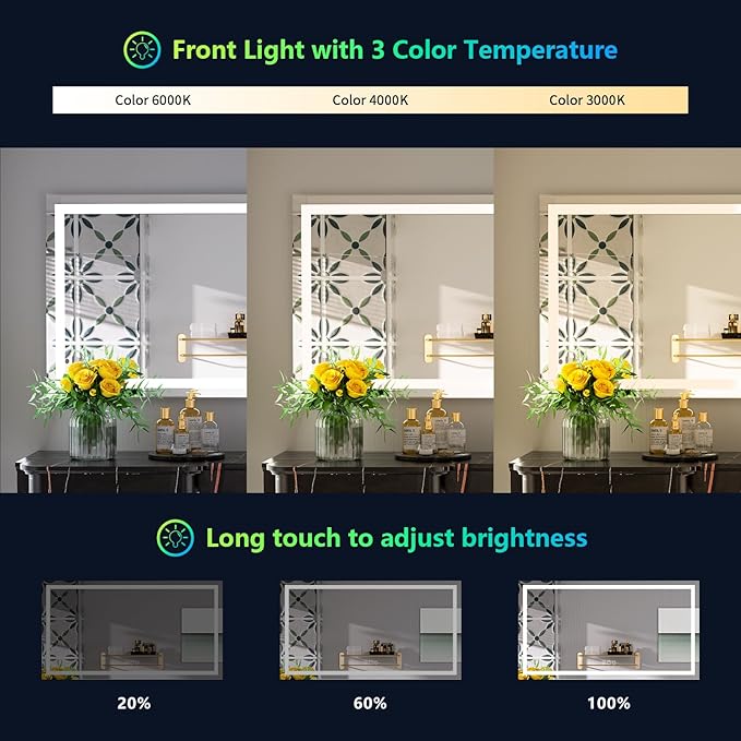 50x32 Inch RGB LED Bathroom Mirror Front Light and RGB Backlit Lighted Vanity Mirror for Bathroom Wall Mounted Dimmable Anti Fog Memory Shatter-Proof IP54 Waterproof Horizontal/Vertical