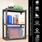 Oskar Heavy Duty Plastic Storage Shelves- for Garage, Kitchen, Bathroom Basement Kids Room, Stackable 3-Tier Black Organizer Rack for Books Shoes, Toys, Pantry, Cleaning and Closet Organization