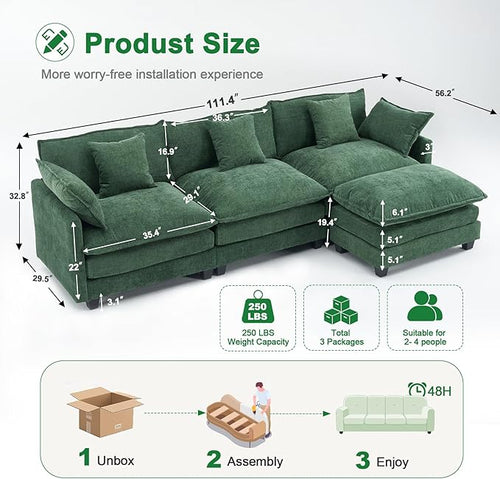 111.4" Cloud L Shaped Sectional Couch with Ottoman｜Modular Chenille Sofa with 29.1" Deep Seat｜FSC Solid Wood Frame｜Easy Assembly & 1YR Guarantee｜for Living Room Bedroom Apartment
