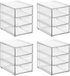 mDesign Plastic Stackable Organizer with 3 Drawers - Pull-Out Drawer Storage Bin for Bathroom Sink/Cabinet Organization - Perfect for Makeup, Small Towels, and More - Lumiere Collection, 4 Pack, Clear
