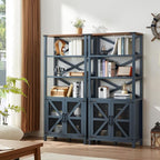5 Tier Bookshelf 70" Tall Bookcase with Barn Doors,Large Farmhouse Display Book Shelf with Adjustable Shelves and Storage Cabinet,Wood Bookshelves for Living Room,Kitchen,Navy Blue(2PCS)