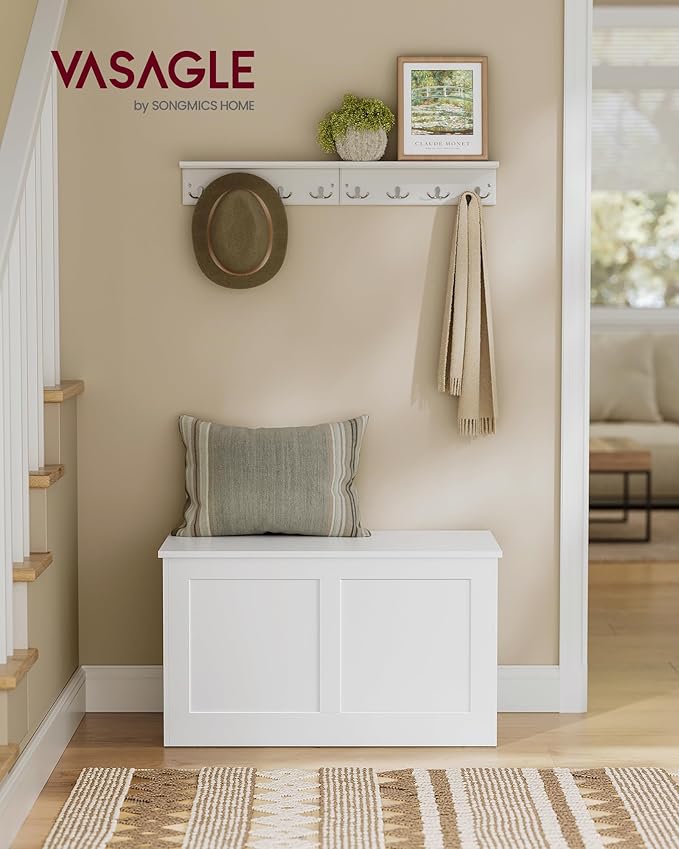 VASAGLE Storage Chest, Storage Trunk with 2 Safety Hinges, Storage Bench, Shoe Bench, Farmhouse Style, 15.7 x 31.5 x 18.3 Inches, for Entryway, Bedroom, Living Room, Cloud White ULSB064W01