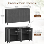 YOUDENOVA Fluted Buffet Cabinet with Storage, Modern Sideboard Cabinets with 4 Doors & Adjustable Shelves, Accent 56” Credenza Storage Cabinet, Wood Entryway Cabinet for Living Room Hallway, Grey