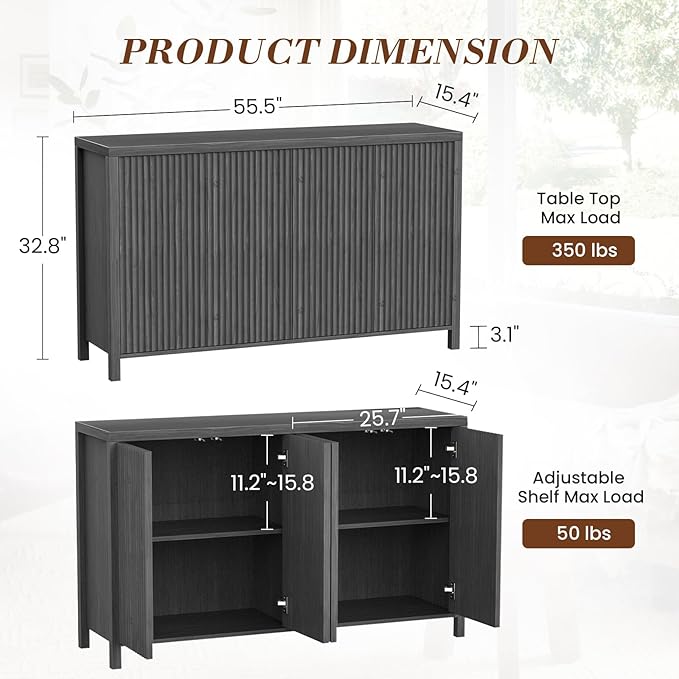 YOUDENOVA Fluted Buffet Cabinet with Storage, Modern Sideboard Cabinets with 4 Doors & Adjustable Shelves, Accent 56” Credenza Storage Cabinet, Wood Entryway Cabinet for Living Room Hallway, Grey