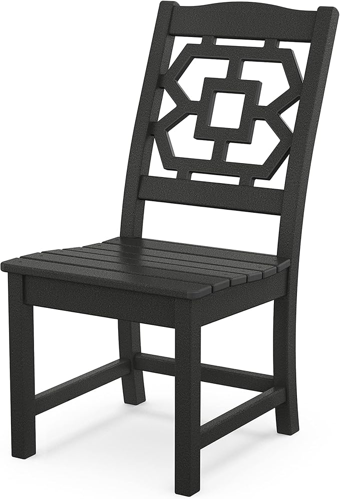 Martha Stewart by POLYWOOD Chinoiserie Outdoor Dining Side Chair, Black, Durable HDPE All-Weather, Comfortable Patio Seating with Latticework Back, Backyard, Garden Furniture, Made in The USA