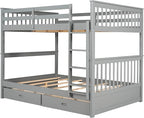 Merax Wood Bunk Bed with Drawers,Convertible Wood Bunk Bed with Ladders and Two Storage Drawers,Solid Wood Detachable Bed Frame with Ladders,Full Over Full,Grey