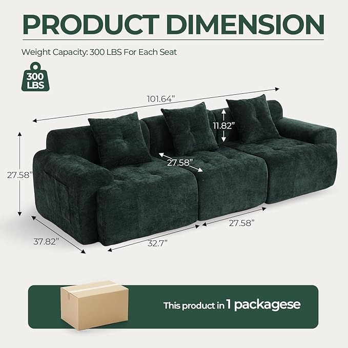 101.65” Modular Sectional Couch for Living Room, 3-Seater Cloud Sofa with Deep Seat, Woven Texture Upholstery Boneless Couch, No Assembly, Green