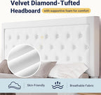 Allewie King Size Velvet Upholstered Bed Frame with Adjustable Headboard, Diamond Tufted Design, Wood Slat Support, Noise-Free EVA Strip, Easy Assembly, White