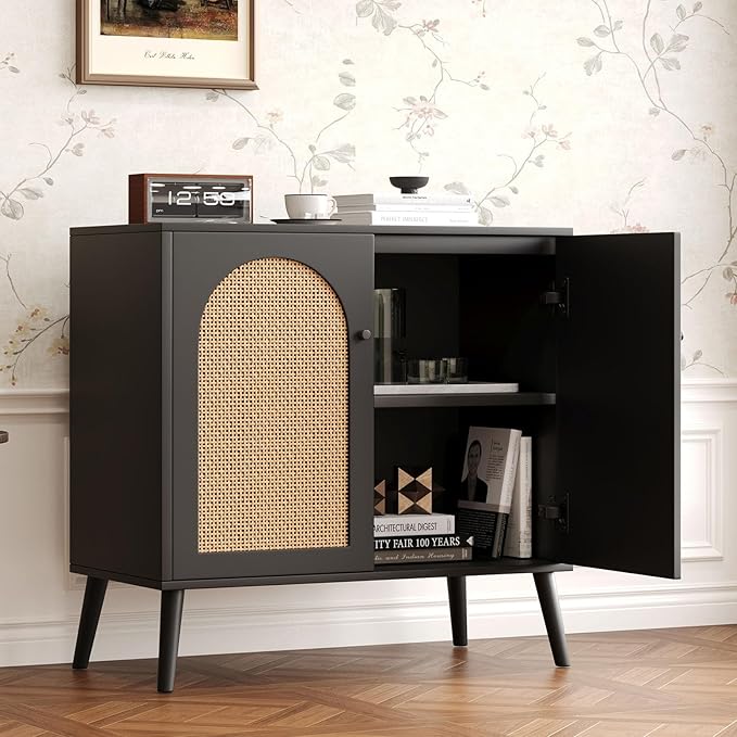 Rattan Storage Cabinet, 2-Door Buffet Cabinet with Storage in Black, Adjustable Shelf, Elegant Rattan Door Sideboards for Stylish Home Organization 31.5" Black Set 2