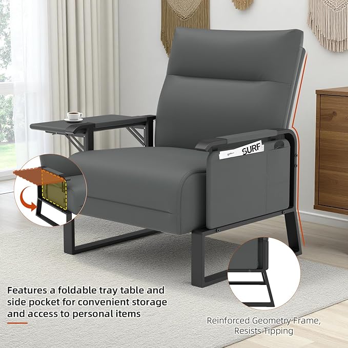 Upholstered Accent Chair, Modern Faux Leather Sofa Chair with Foldable Side Tray Table & Storage Pocket, Small Accent Sofa for Living Room, Bedroom, Reception Room, Gray