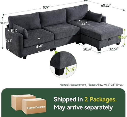 109'' Modular Sectional Sofa, L Shaped Couch with Storage Ottoman, Comfy Cloud Sofa with Deep Seat, 4 Seat Convertible Sectional Couches for Living Room (Gray, High Legs 3.15'')