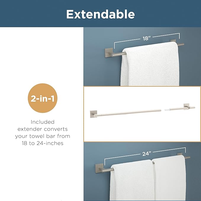 Franklin Brass Nash 4-Piece Bathroom Set Satin Nickel 18" Towel Bar w/ 6" Extender, Toilet Paper Holder, Hand Towel Holder, Hook | Bathroom Accessory Set Towel Holder Hardware NASH64-BN